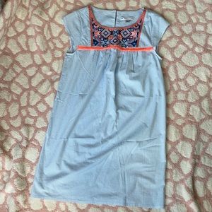 Southern Tide Light Blue Embroidered Cap Sleeve Dress with Neon Coral Trim